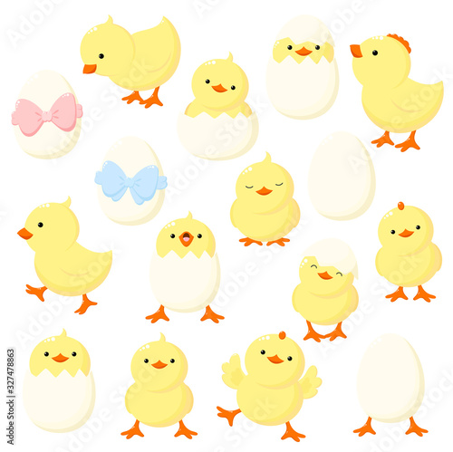 Set of cute cartoon chicken in various poses