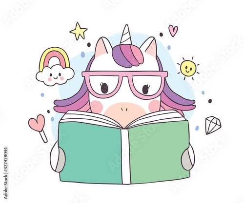 Cartoon cute  book day, Adorable unicorn reading book vector.