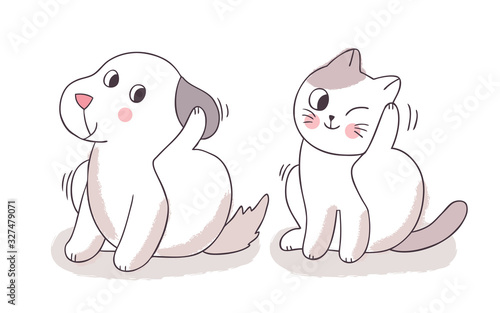 Cartoon cute cat and dog scratching vector.
