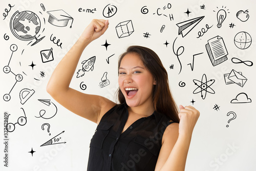 Hand drawn education pictures with excited woman raising fists. Cheerful young Asian woman triumphing and celebrating success isolated on white background. Winner concept