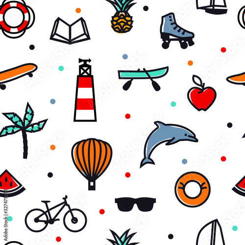 Fototapeta Naklejka Na Ścianę i Meble -  Summer Icons Color seamless pattern  Black line Travel, vacation and weekend Vector illustration