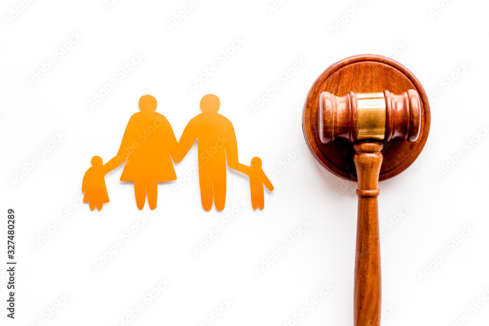 Divorce court concept. Judge gavel near family on white background top-down Divorce court concept. Judge gavel near family on white background top-down
