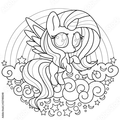 Cute little unicorn outline. Kawaii black and white for coloring. Rainbow cloud background. Vector illustration
