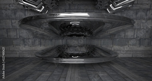 Architectural background. Abstract concrete interior with smooth chrome discs. 3D illustration and rendering.