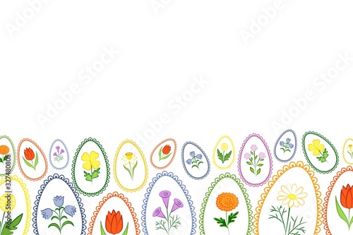  Easter background with place for text. On a white background multi-colored Easter eggs decorated with drawings of spring flowers. Decor element. Vector illustration.