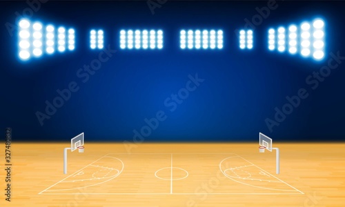 Basketball arena field with bright stadium lights design. Vector illumination