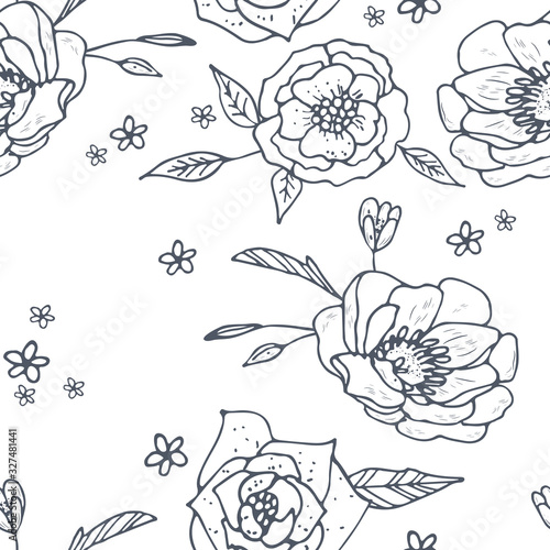 Hand Drawn Seamless Background With Floral Ornaments, Stylized Flowers, Dots, Plants. Vector Abstract Floral Textures.
