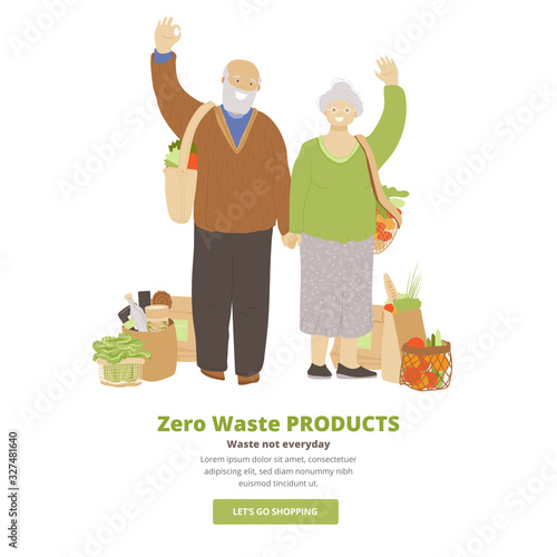 Vector illustration of senior couple, man and woman, holding zero waste products in hands - bags, kitchen and beauty produts, and showing OK sign. Zero Waste Lifestyle concept elder family