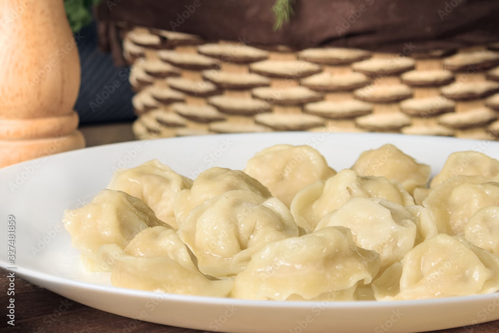 Homemade dumplings - Russian dumplings. Meat dumplings, ravioli. Dumplings with stuffing.