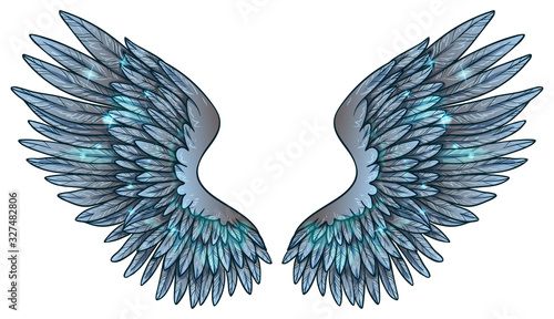 Beautiful magic glowing glittery blue wings, vector