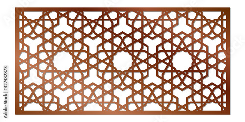 Cutout silhouette panel with ornamental geometric arabic pattern. Template for printing, laser cutting stencil, engraving. Vector illustration. Ratio 2:1.