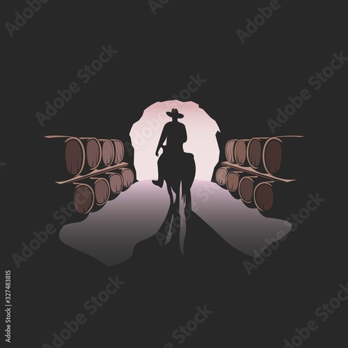 Cowboy And Barel Logo Template Silhouette Style Isolated on Dark Background, Vector Illustration EPS10. Brand, Company, Label