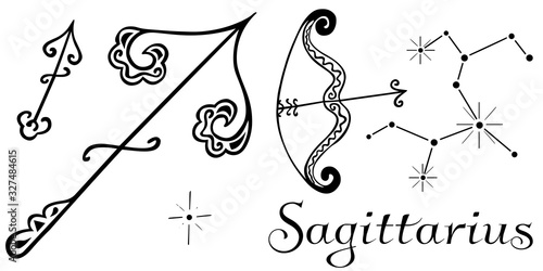 Set of astrological figures from the symbols of the zodiac sign Sagittarius. Black and white clipart in indian style. Ornamental bow with arrow, inscription, emblems and constellation. Vector.