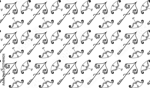 Seamless pattern of black and white decorative bows with arrows and emblems of the zodiac signs Sagittarius. Meditative endless texture in a stylish zen style. For fabric, wallpaper, textile. Vector.