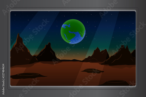View of Mars from porthole of spaceship. Vector illustration.