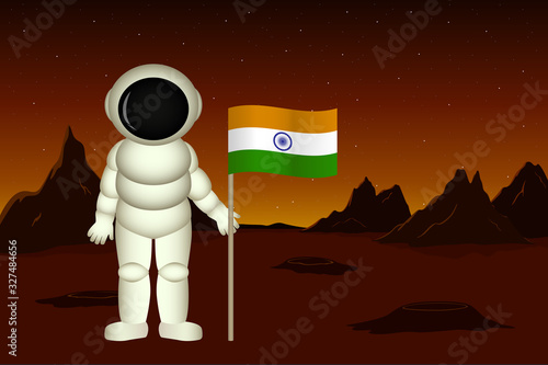 Indian astronaut stand on Mars surface and hold flag of India. Vector illustration.