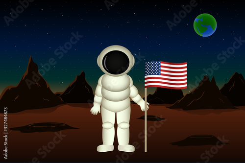American astronaut stand on Mars surface and hold flag of USA. Vector illustration.