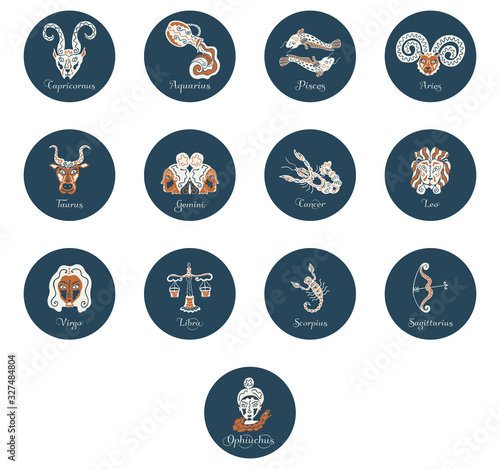 Set of 13 round zodiac signs with Latin names Capricornus, Aguarius, Pisces, Aries, Taurus, Gemini, Cancer, Leo, Virgo, Libra, Scorpius, Sagittarius and Ophiuchus. Vintage icons and buttons. Vector. photo