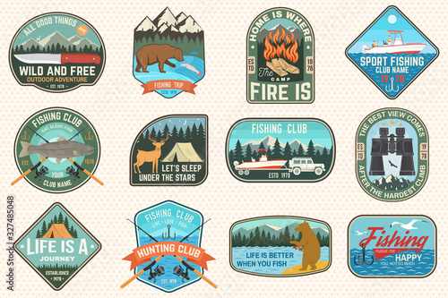 Set of fishing, camping patch. Vector. Concept for shirt or logo, print, stamp, tee, patch. Vintage typography design with fish rod, fisher, river, rainbow trout, bear , mountain silhouette.