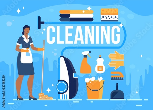 Hotel Room Cleaning Service, Work Opportunity for Women, Household Business Company Trendy Flat Vector Banner. Woman in Maid Uniform Standing with Mop and Sprayer, Cleaning Tools Set Illustration