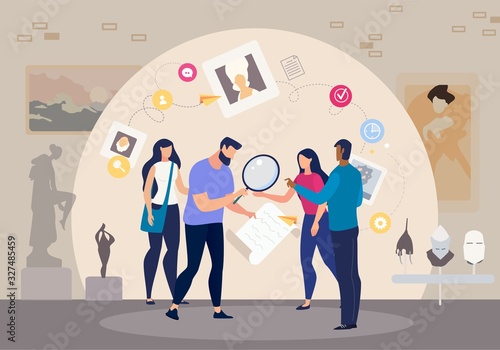 People Working Together to Solve Mystery About Art History in Quest Room, Museum Visitors Playing in Quiz, Friends Planning Museum Visit, Scientist Works on Research Trendy Flat Vector Illustration