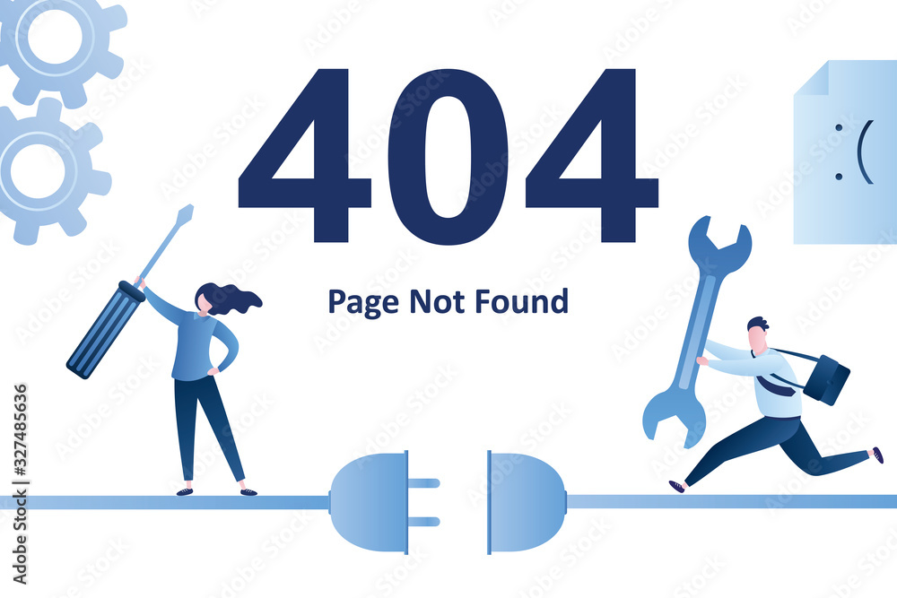 404 error,page not found landing page template. Female worker with screwdriver and running male programmer with wrench 404 error,page not found landing page template. Female worker with screwdriver and running male programmer with wrench