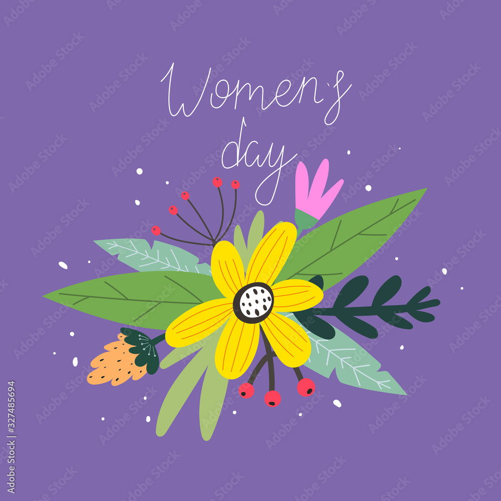 women's day. hand drawing lettering, flowers, decoration elements on a neutral background. colorful festive vector illustration, flat style. calligraphic font,  doodle phrase. design for print, greeti
