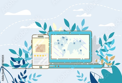 Ordering Delivery High Rating App and Tracking Best Professional Online Service on Laptop Connection. Smartphone Application and Computer Logistics System Synchronization. Worldwide Shipping