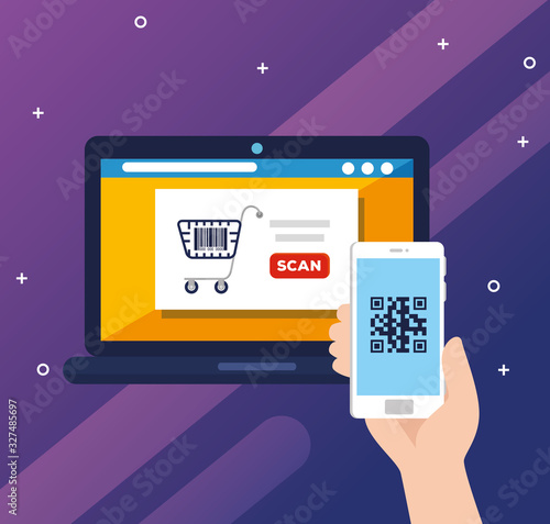 scan code qr with laptop computer and icons vector illustration design