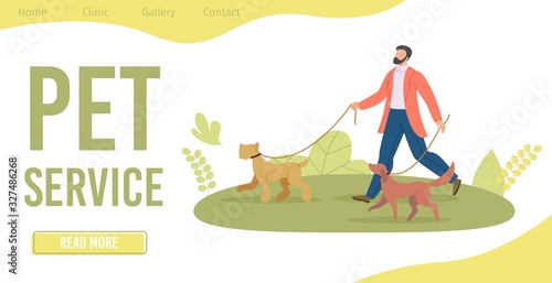Professional Pet Service Trendy Flat Vector Web Banner, Landing Page Template. Man in Suit, Qualified Dog Walker Walking on Meadow in Park with Terrier and Labrador Retriever on Leashes Illustration