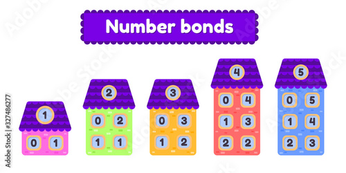 Number bonds. Mathematic worksheet for kids kindergarten, preschool and school age. Cartoon house. Vector illustration.