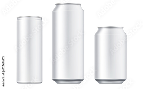 Vector aluminium beer and slim soda can mock up blank template. Juice, soda, beer jar blank isolated on white background. Aluminum can for design. Realistic aluminum cans. photo