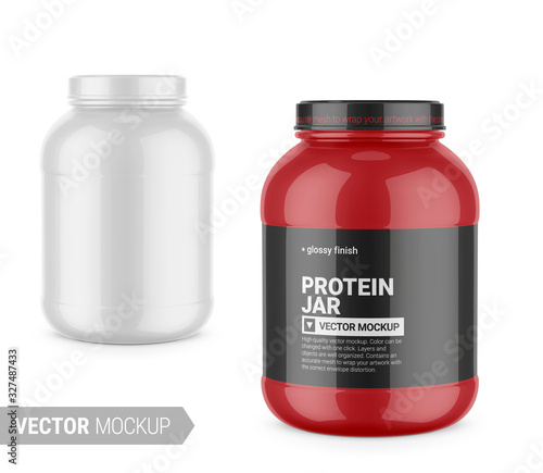 White glossy plastic protein jar vector mockup.