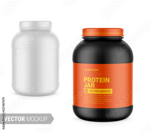 White matte plastic protein jar vector mockup.