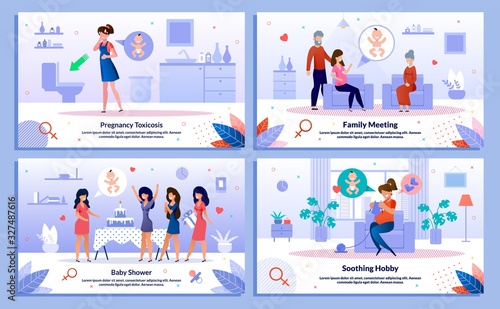 Pregnancy Toxicosis, Pregnant Woman Family Support, Baby Shower, Hobby Trendy Flat Vector Banner, Poster Set. Lady Feeling Nausea, Meets with Relatives, Having Fun on Party, Knitting Illustration