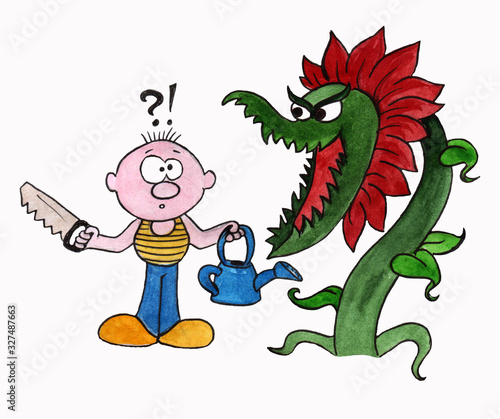 Cartoon man and dangerous plant with mouth and teeth.