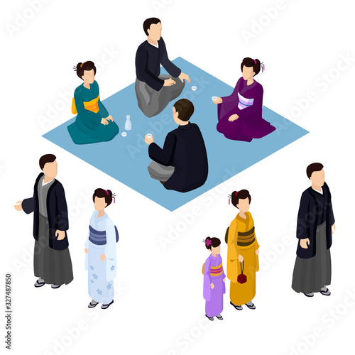 Isometric vector man and woman couple walking oriental traditional kimono hakama haori walking couple japan sitting picnic group japanese people