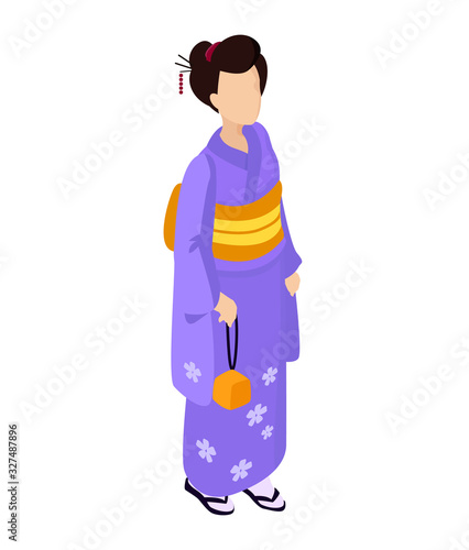 Isometric vector woman walking oriental traditional kimono walking woman japan
