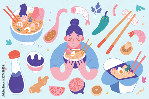 Ramen collection, bowls and chopsticks with ingredients, Woman eating noodle soup with broth, asian and japanese food, Set of flat vector cartoon illustrations isolated, tasty noodles in box container