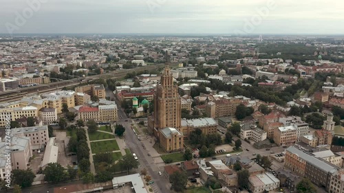 Wallpaper Mural RIGA, LATVIA - MAY, 2019: Aerial drone view of Latvian Academy of Sciences building and skyline of Riga. Torontodigital.ca
