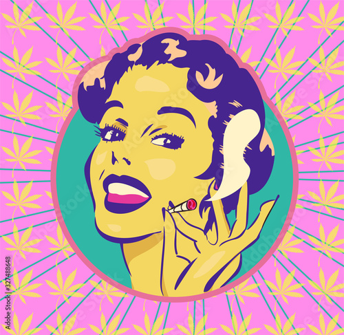 Smiling woman on cannabis leaf background