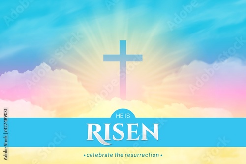 Christian religious design for Easter celebration. Rectangular horizontal vector banner with text: He is risen, shining Cross and heaven with white clouds.