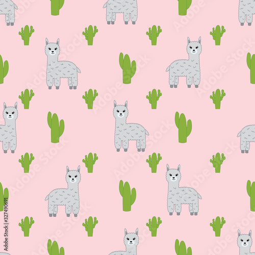 Seamless pattern with llamas alpacas and cacti. Vector illustration.