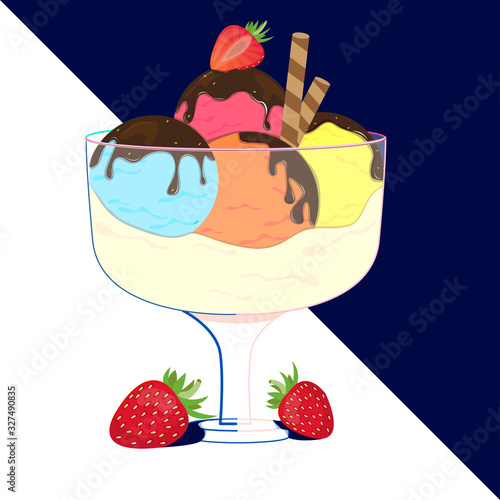 Strawberry ice cream. Variant balls of ice cream with chocolate icing and strawberries.