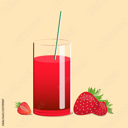 Fresh strawberry juice with straws. Berry juice on a light background. Juice vector illustration.