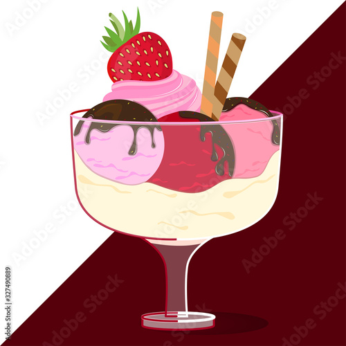 Strawberry ice cream. Variants of ice cream balls with chocolate icing and strawberries in a cream.