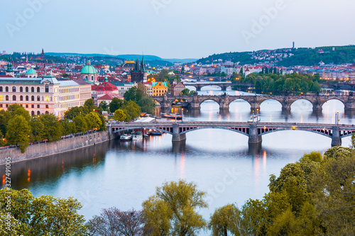 View from Letna to Prague city and Charles Bridge that crosses Vltava river, Prague.