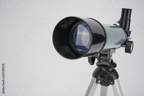 It's a small but portable blue telescope on a white background