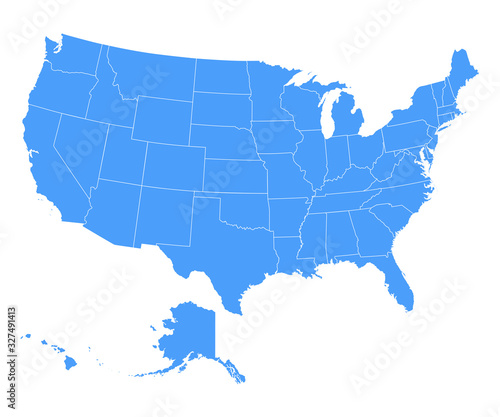 Political map of United States od America, USA. Blue color