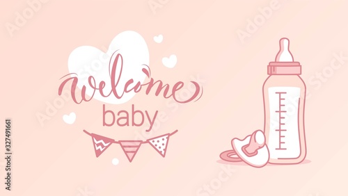 Baby Shower Pink Background. Baby Arrival Cartoon Vector Illustration
